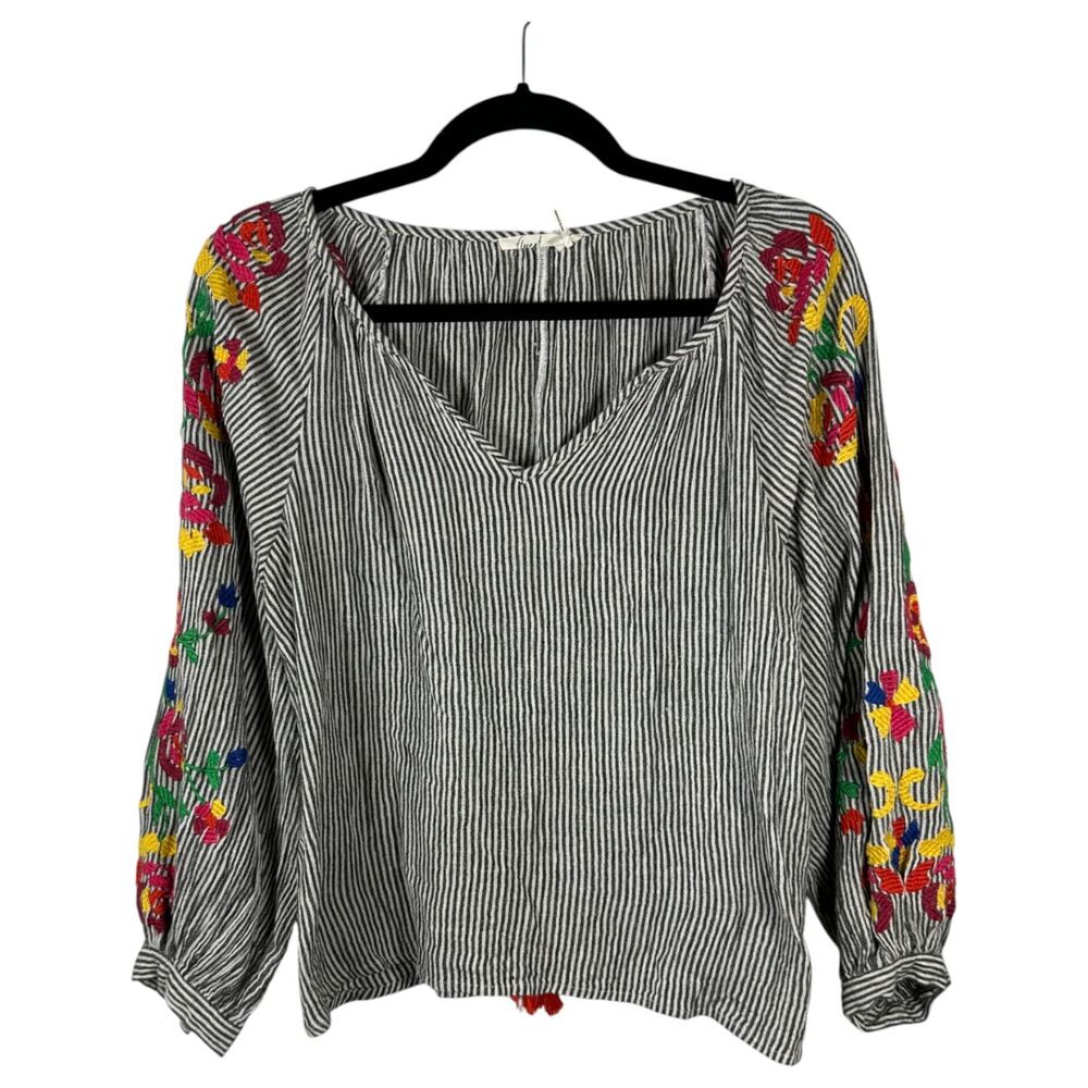 Floreat Anthropologie Striped Floral Embroidered Long Sleeve Blouse Small